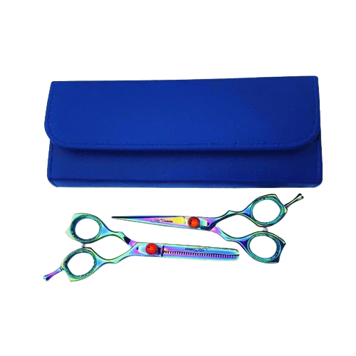 PROFESSIONAL RAZOR EDGE SHEAR + 6 INCH BARBER HAIR THINNING SHEAR (MULTI COLOR) WITH FREE POUCH BLUE