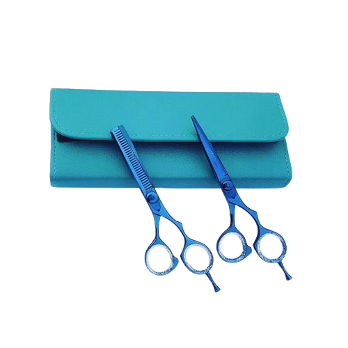 6 INCH PROFESSIONAL RAZOR EDGE SHEAR + 6 INCH BARBER HAIR THINNING SHEAR (BLUE) WITH FREE POUCH BLUE