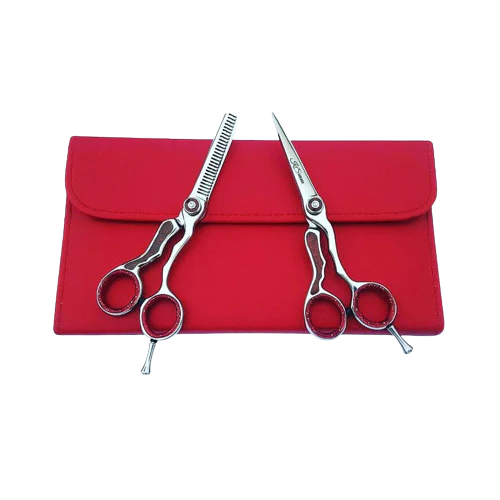 6 INCH PROFESSIONAL RAZOR EDGE SHEAR + 6 INCH BARBER HAIR THINNING SHEAR (SILVER) WITH FREE POUCH RED